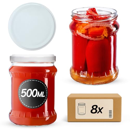 KADAX Tarros de conservas de 500 ml, con tapa de rosca fi82 mm, tarros para conservas de frutas, verduras, miel y conservas (blanco, 8 unidades)