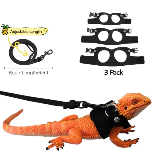Image of Bearded Dragon Harness and Leash Set, Adjustable Harness Soft Leather-3 Sizes (S, M, L) with Leash, Lizard Reptile Traction Rope Walking Vest Accessories for Bearded Dragon, Iguana or Gecko (Black)