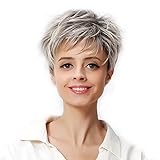 Silver Short Wig with Bangs, Afro Wigs Fluffy Short Curly Wigs, Mixed Brown Layered Messy Synthetic...