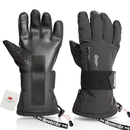 devembr Guantes de Snowboard con Muñequeras, Guantes de Esquí con Pantalla Táctil, Impermeables, Negro, S