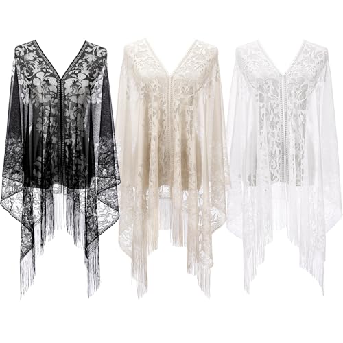 Patelai 3 Pcs Lace Shawls and Wraps for Evening Dresses Scarfs Women Fringe Scarf for 1920s Party Wedding Costume