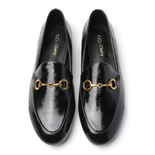 Image of Women's Classic Bit Loafers - Structured Faux Leather Business Work Flats, Comfortable Slip On Dress Shoes with Gold Metal Buckle (Updated True Size)