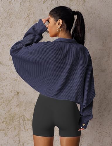 Image of Panadila Women's Cropped Waffle Knit Shacket Short Button Down Jacket Batwing Sleeve Shirts with Pocket