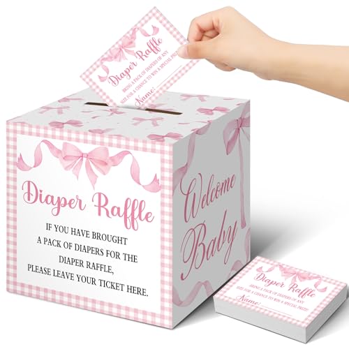 Teling 51 Pieces Diaper Raffle Tickets with Card Box Baby Shower Decorations Baby Shower Holder Box for Girl Boy Diaper Raffle Party(Pink Bow Style)