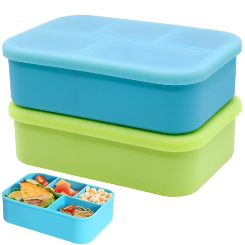 FUSMYE 2 Pack Big Size Platinum Silicone Bento Box Lunch Box with lid, 63.8oz, 5 Leakproof Compartments Snack Food Storage Container, Microwave Freezer Dishwasher Safe, BPA Free(Blue+Green)