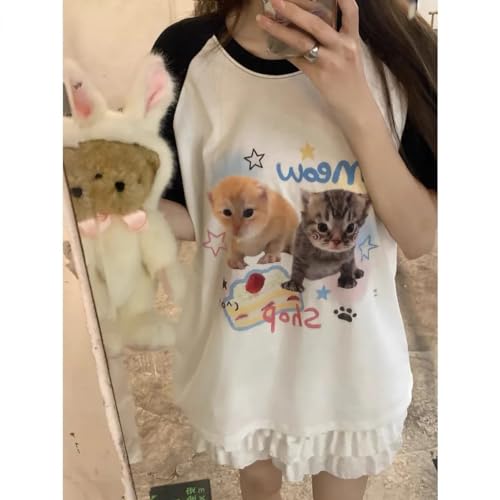 Women's Kawaii Cat Print T-Shirts Cartoon Letter Japan Style Kitten Short Sleeve Cute Print Tops Sweet Girl Y2k Tee Tops2