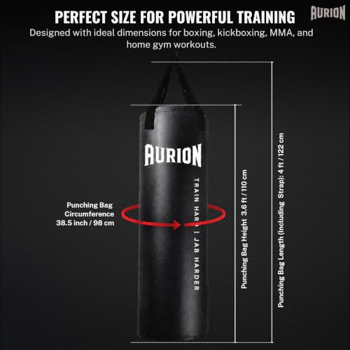 Image of Aurion 4ft Punching Bag for Home - Durable SRF Boxing Punching Bag, Pre-Filled, Heavy-Duty Hanging Straps, Shock Absorbing, Multi-Sport Use, Unisex Gear, Indoor /Outdoor