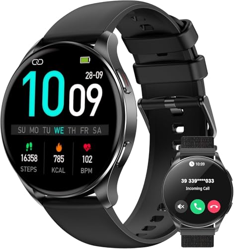 IOWODO Smartwatch Damen Herren 2026 (Rund 1.43" AMOLED) | Bluetooth Anrufe + 380mAh Akku (7 Tage) | 2 Armbänder | IP68 Wasserdicht | 100+ Sportmodi | 24/7 Puls+SpO2+Schlafanalyse | iOS/Android