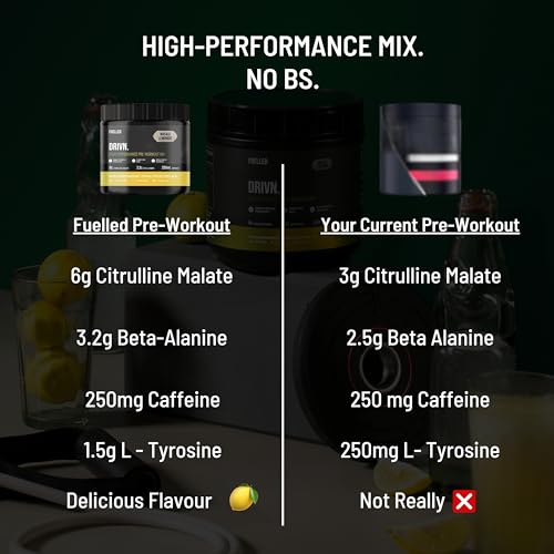 Image of FUELLED DRIVN Pre-Workout (Masala Lemonade, 30 Servings) 3.2 g Beta Alanine, 250 mg Caffeine, 6 g Citrulline Malate (483 g)