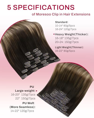 Image of Moresoo Clip in Hair Extensions Real Human Hair, Balayage Brown, PU Weft | Hair extension clip ins, medium brown to warm chestnut brown with soft beige blonde, 18inch 135g 7pcs, fuller layered effect