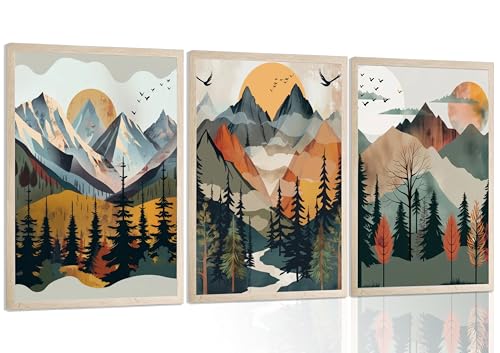 3Pcs Mountain Wall Art Boho Abstract Sunset Canvas Prints Forest