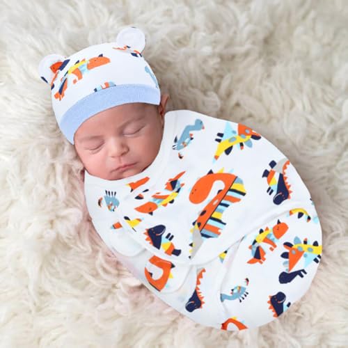Image of Cinaci 2 Pieces Adjustable Soft Cotton Baby Swaddle Sleep Sacks Hats Newborn Nursery Caps Beanies Bonnets Swaddle Blanket Wraps for Baby Girls Boys Infants Newborns (2PCS S6)