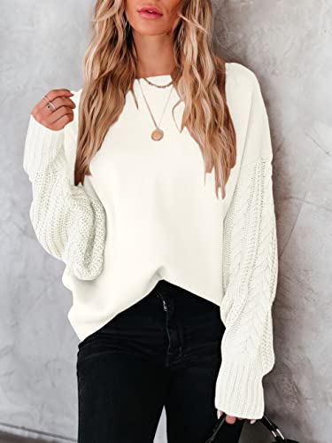 Anrabess Women's Crewneck Long Sleeve Drop Shoulder Casual Solid Cable Knit Chunky Contrast Pullover Sweater Top 565Bai-S Cream White #TOP2