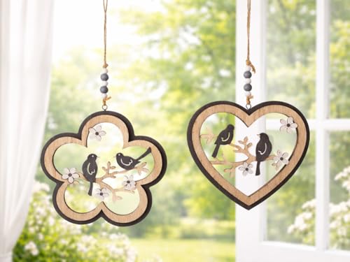 2er Set Girlande Hänger Dekohänger Fenster Frühling Ostern Vogel Holz (Fensterhänger Blume Herz kl)