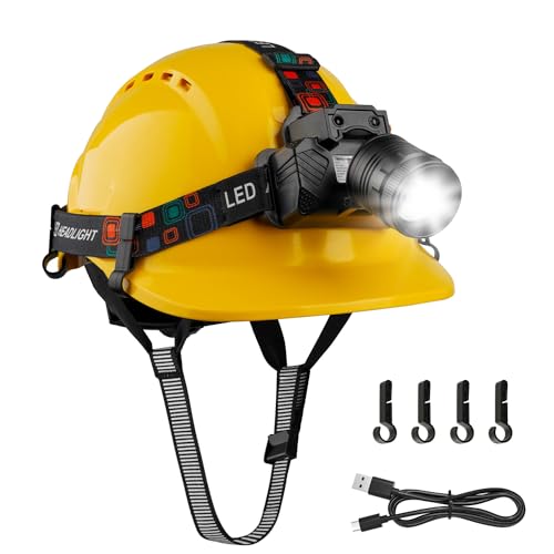 Mustbau EN397 Casco de Seguridad, Casco con Faro LED con Sensor de Gesto, 10W Lámpara Super Brillante Adecuado para Obras de Construcción, Trabajo Nocturno, Pesca (Amarillo)