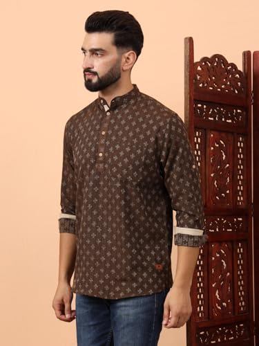 Image of LATEST CHIKAN Men's Cotton Regular Self Design Short Kurta Full Sleeves - Casual Ethnic Wear