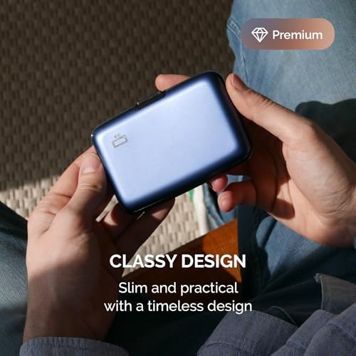 Image of OGON -DESIGNS- Aluminum card holder, RFID protection against fraud and demagnetization, compact wallet, Smart Case STOCKHOLM model (Aluminum Navy Blue, Standard lock)