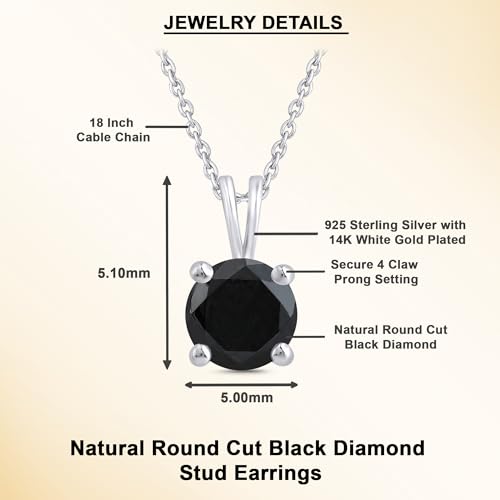 DEWBERRY 1/4 cttw to 2.00 cttw Round Black Diamond Solitaire Pendant Necklace for Women Men | 4 Prong Lobster Lock 18" Cable Chain Necklace in 14KT White or Yellow Gold Plating 925 Silver Pendant4