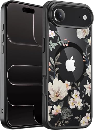 Image of VONZEE Back Cover Case Compatible with iPhone 17 Air Case, Luxury Retro Flowers Floral Clear for Magnetic Wireless Charging Case Shockproof PC+TPU Cute Glossy Shiny Cover for Girls Women, 6.6'' Black