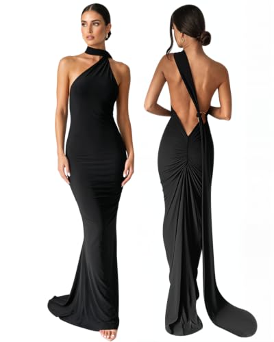 Image of Suillty Women's Sexy Oblique Shoulder Backless Maxi Dress Ruched Back Strap Sleeveless Party Club Long Dresses Bodycon