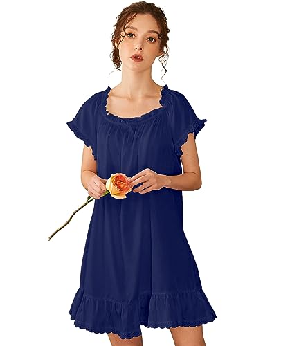 Image of Nanxson Women's Cotton Nightgown Short Sleeve Sleepwear Vintage Nightshirt | Summer Victorian Sleepdress,White Sleepshirt,U Neck Lace Loungewear,Soft Nightshirt,Loose Loungedress,Bride Nightwear