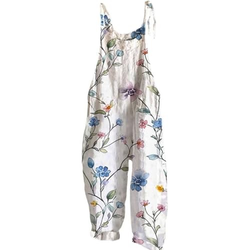 Dam bomull linne hängselbyxor – tryck jumpsuit kvinnor lösa avslappnade sommar sparkdräkt andas säckig strand ärmlös sparkdräkt plusstorlek mode brett ben haklapp overall vintage lång overall