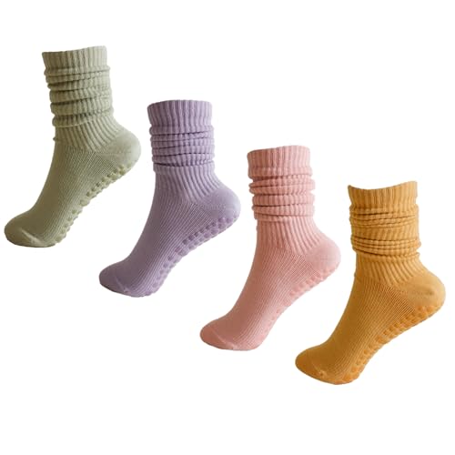 Kynoeen Pilates Grip Socks for Women,Yoga Slouchy Socks with Grips for Barre Workout-Long Scrunch Non Slip Socks