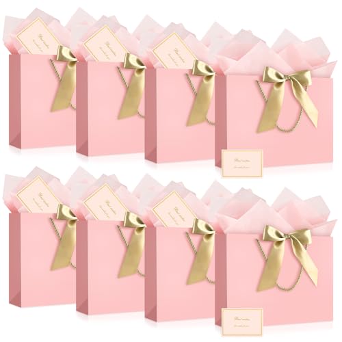 Image of JMANNI Gift Bags with Handles, 13 inch Medium Gift Bag for Presents, 8 Pcs Bags with 16 Tissue Paper and 8 Cards for Baby Shower Wedding Bridal Shower Mother's Day Birthday Party(pink)