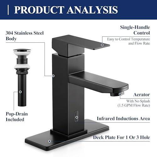 Image of Herogo Touchless Bathroom Faucets Matte Black Stainless Steel Automatic Motion Sensor Bathroom Faucet RV Bar Sink Faucet for 1-3 Hole Single-Handle with Pop Up Drain Stopper Water Supply Hoses