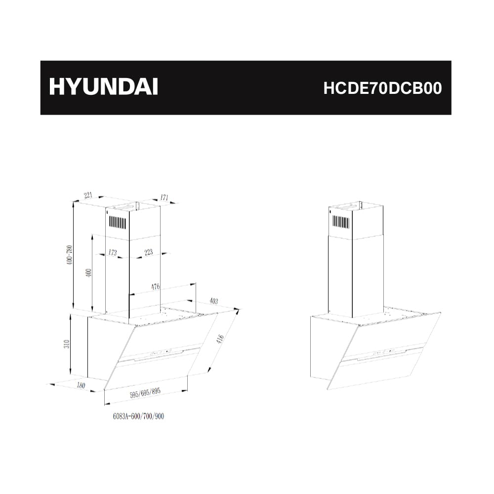 Hyundai Campana Extractora Decorativa Inclinada 70cm, Cristal negro, HCDE70DCB00. Potencia 831m3/h, 3 Velocidades, 2 Filtros, 64 dB Nivel Sonoro, Control Táctil, Filtros aptos para Lavavajillas