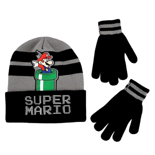 ABG Accessories boys Winter Hat and Kids Gloves Set, Super Mario Beanie for Ages 4-14