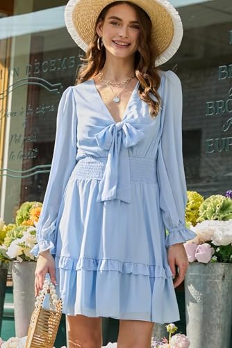 Image of Dokotoo Womens Casual Spring Fall 2025 Deep V Neck Knotted Tiered Chiffon Elegant Mini Short Swing Skater Dresses