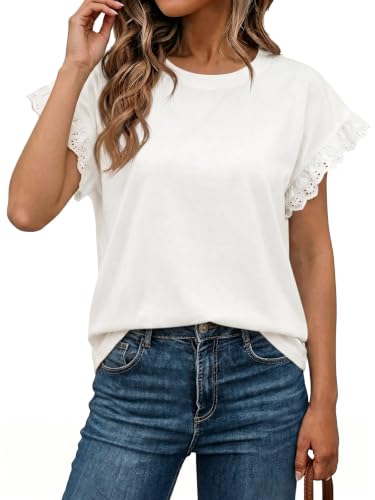Image of Tankaneo Womens Summer Crewneck T-Shirts Lace Cap Sleeve Tops Dressy Casual Loose Fit Work Basic Tees Outfits 2026
