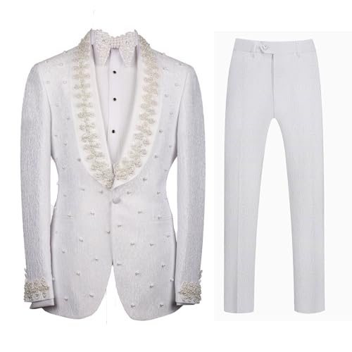 Men's Suit 2 Piece Slim Fit White Pearl Embroidered Tuxedo Suit Set Blazer Jacket Pants for Wedding,Prom,Party