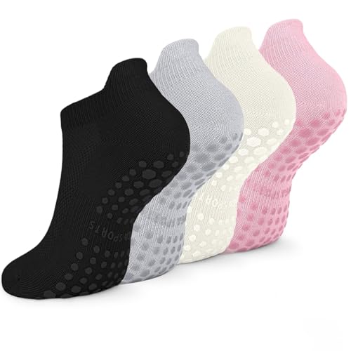 Image of Pilates Socks with Grips for Women - Non Slip Yoga Socks for Athletic Activities - 4 Pairs White Barre Socks