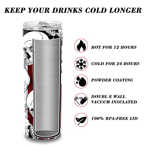 Oasisdream American Flag Skull Skinny Tumbler 30 Oz Straight Stainless Steel Vacuum Insulated Travel Coffee Mug With Lid Straw Slim Water Cup #TOP2