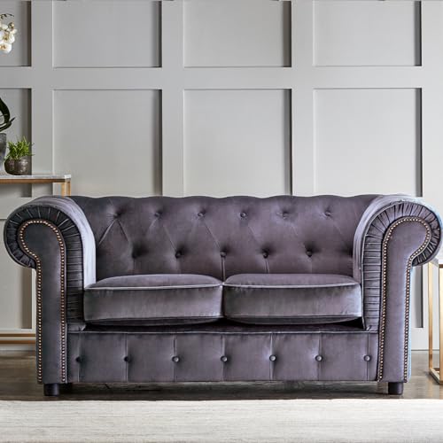 Furnishings For Less UK New Chesterfield 2 Seater Sofa Plush Fabric Grey Studded Large Couch (Grey, 2 Seater)