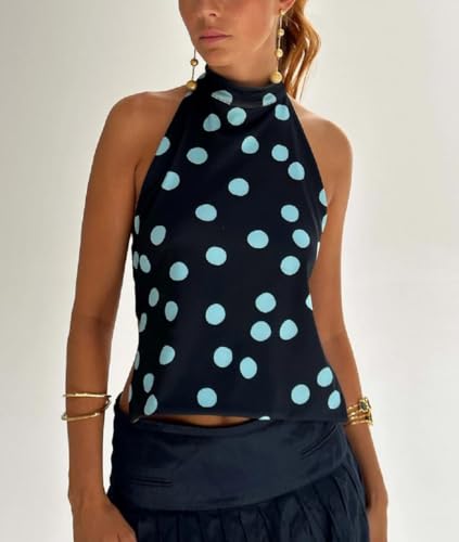 Women Mock Neck Open Back Silk Tank Top Halter Neck Backless Satin Crop Cami Tops Y2K High Neck Summer Dressy Tank3