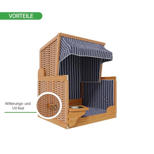 Woodtex Hundestrandkorb Kieferholz |Hundehütte inkl. Schützhülle schwenkbarer Wasser-/Futternapf|Sonnenschutz Hunde und Katzen|Rattan Braun mit Dunkelblau-weißen Nadelstreifen
