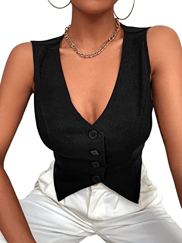 SweatyRocks Women's Asymmetrical Hem Button Front Crop Vest Blazer V Neck Sleeveless Crop Tank Top for Women3