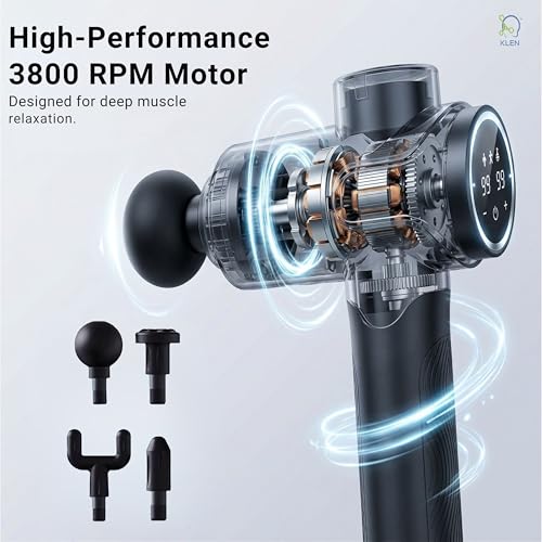 Image of KLEN Massage Gun for Pain Relief Rechargeable Handheld Deep Tissue Percussion Massager with 4 Interchangeable Heads Muscle Relaxation at Gym & Travel (99 Speed Settings)