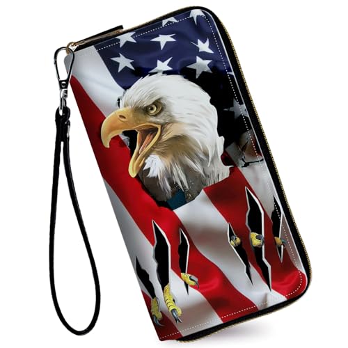 Image of Women's Wallets,Credit Card Holder Money Leather Long Wallet with Wristlet,Large Capacity with Zip-Around Phone Purse for Women Ladies Girls,USA Flag Eagle