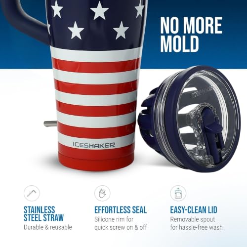 Image of Ice Shaker 32 oz Tumbler with Handle and Straw | 32oz Stars & Stripes | Cold for 30+ Hours | 2-in-1 Tumbler Shaker Bottle | Odor-Free 32 ounce Bottle for Water, Protein Shakes, Smoothies, Cocktails