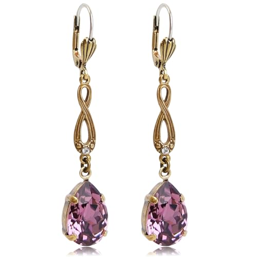 Jugendstil Ohrhänger Gold Tropfen Kristalle helles Amethyst Ohrhaken 925 Silber NOBEL SCHMUCK