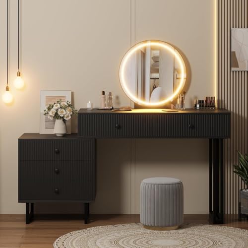 Black Vanity Desk with Mirror and Lights, Makeup Vanity with 5 Drawers for Bedroom, Modern Makeup Vanity Organizer with 3 Color Lights&Adjustable Brightness
