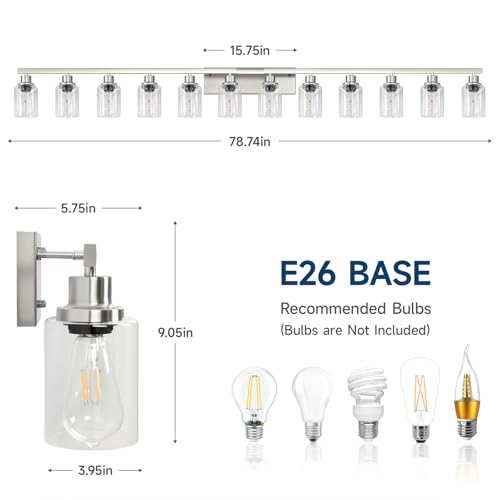 Image of Brushed Nickel Bathroom Vanity Light, 12 Light Brushed Nickel Bathroom Lighting fixtures Over Mirror, Brushed Nickel Bathroom Vanity Lights Wall Lighting for Mirror Bedroom, Living Room