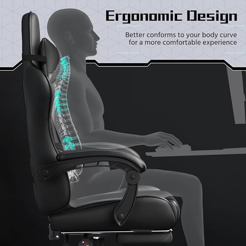 Sedia Gaming Ergonomica Massaggiante Reclinabile con Poggiapiedi Poggiatesta e Supporto Lombare Braccioli Imbottiti in Finta Pelle, Poltrona Gamer da Scrivania con Ruote Girevole Nero - Sedia gaming - Immagine 4