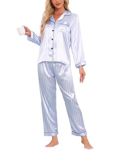 cheibear Womens Satin Pajamas Sleepwear Long Sleeve Tops with Pants Button Down Floral Lounge Sets Blue Stripe L