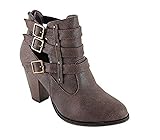 Women's Faux Leather Chunk Stacked Heel Strappy Triple Buckle Ankle Boots in Black, Tan, Brown