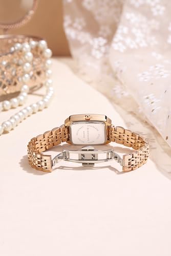 Image of Giordano Analog Watch for Women - Rectangular Dial, Crystal Hour Markers and Rose Gold Stainless Steel Strap